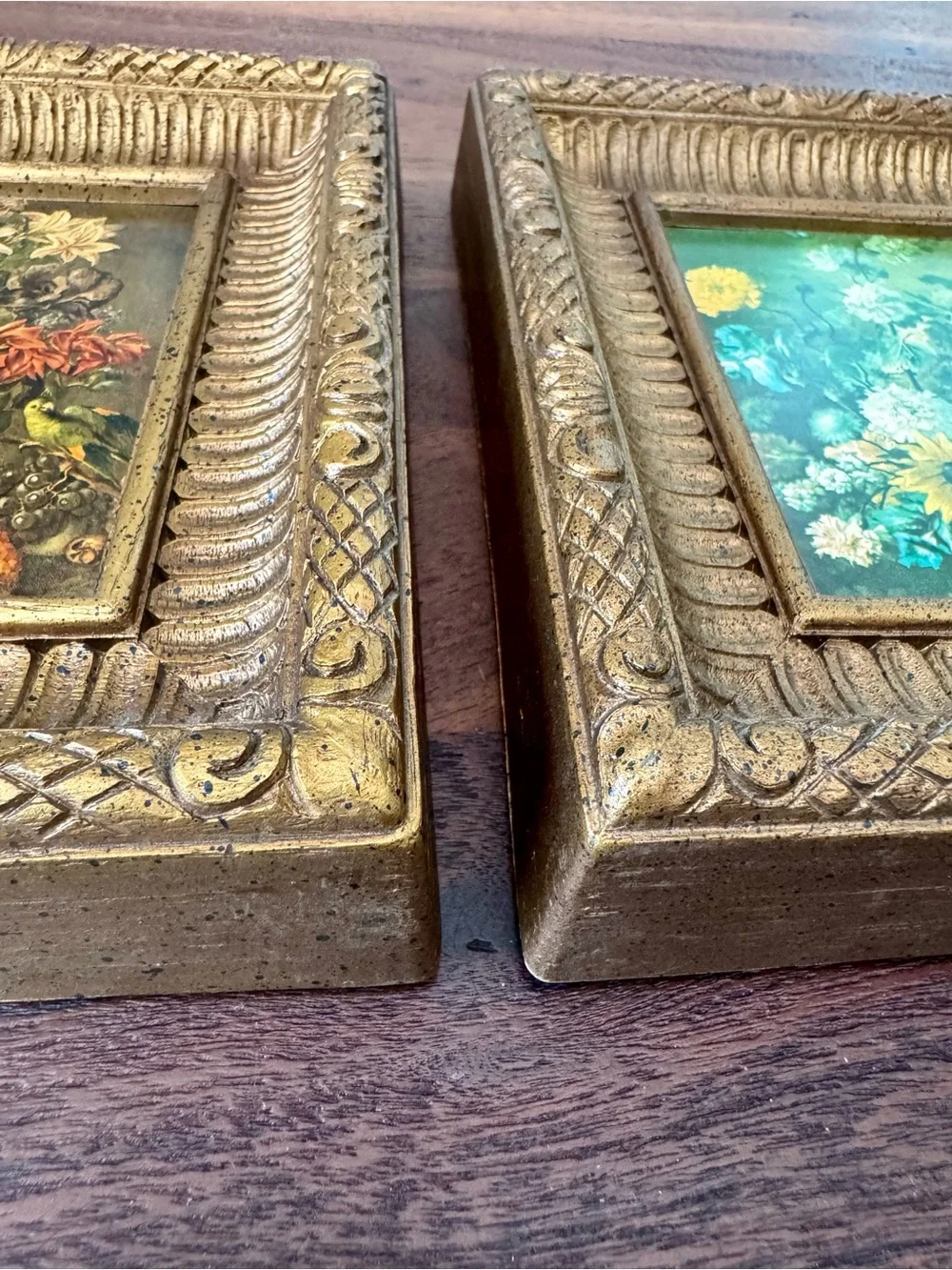 2 VTG Floral Still Life Wall Art 1970s Gold Framed  Baroque Syroco Style Plastic